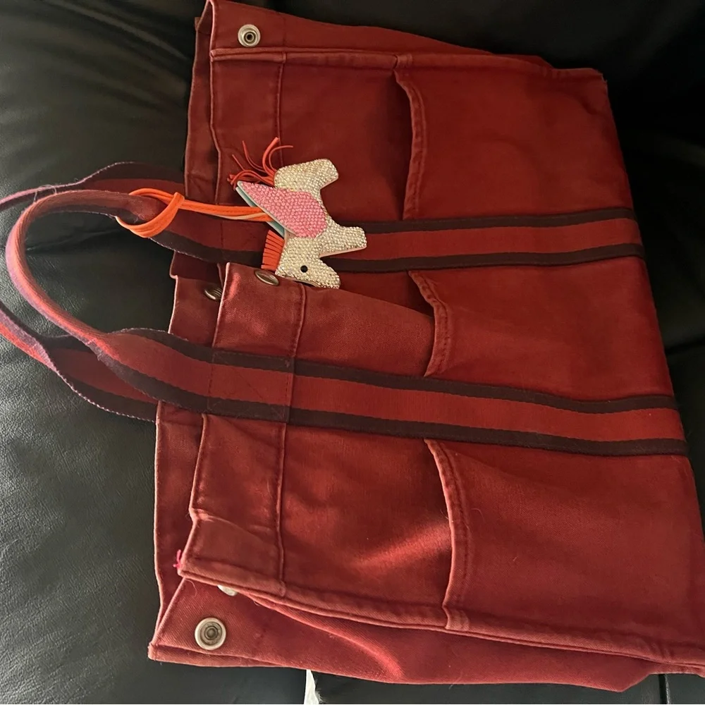 Hermes Vintage Fourre Tote Red Canvas Tote Bag with Horse Charm - Picture 9 of 9